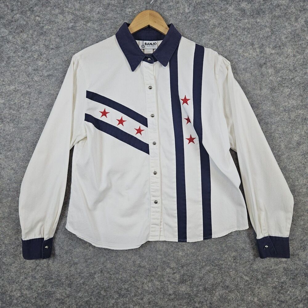 Banjo Dallas Texas‎ Women's Rodeo/Riding Shirt Size L Silver Buttons Embroidery